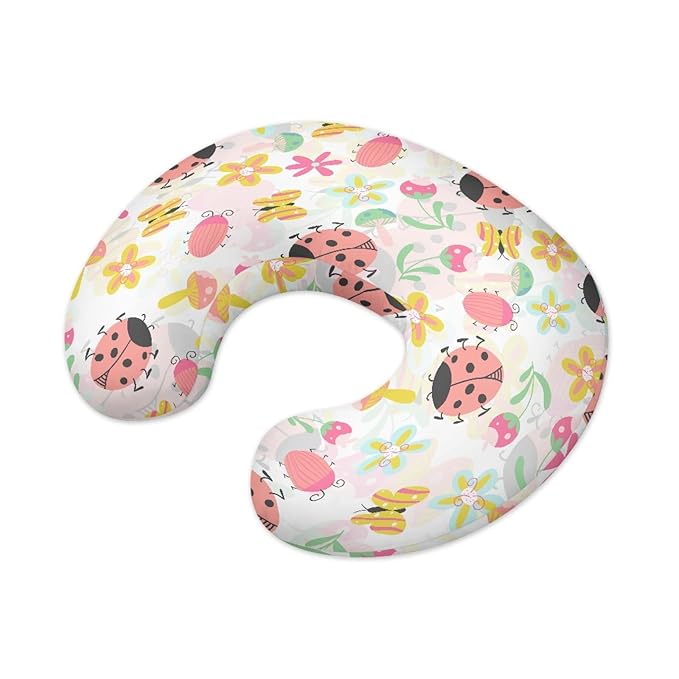 Forchrinse Pink Ladybug Floral Nursing Pillow Cover for Baby Girls Soft Ladybug Breastfeeding Pillow Cover Washable Infant Feeding Cushion Cover, Medium