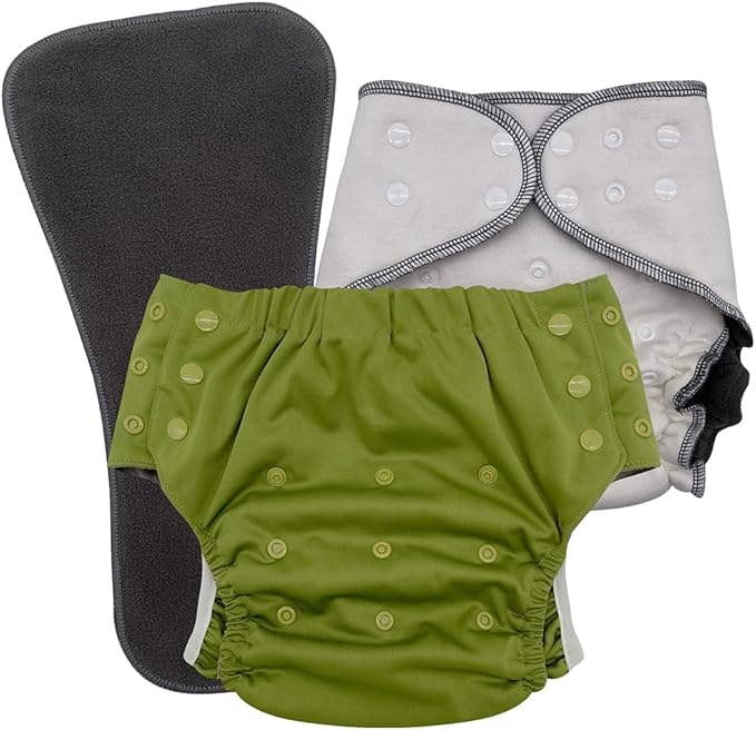 EcoAble Nighttime Cloth Diaper Set for Big Kids, Age 6–16 | Special Needs Protective Briefs for Incontinence & Bedwetting (Olive Green, Junior 2)