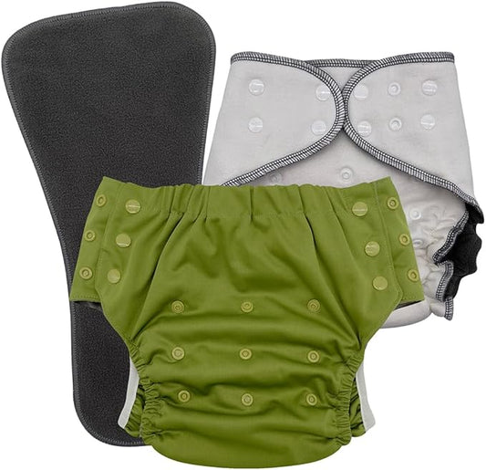 EcoAble Nighttime Cloth Diaper Set for Big Kids, Age 6–16 | Special Needs Protective Briefs for Incontinence & Bedwetting (Olive Green, Junior 2)