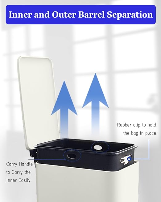 12 Gallon Slim Kitchen Trash Can, Stainless Steel Trash Can with Removal Inner Bucket and Soft-Close Lid, Pedal Garbage Can 45 Liter, White