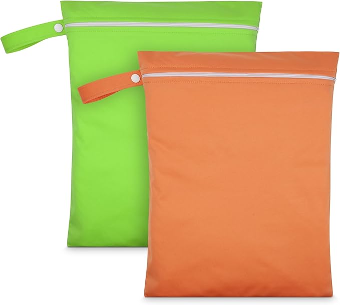 2PCS Wet Bags, Reusable Cloth Diaper Bags with Handle and Zipper, Lightweight Waterproof Travel Laundry Bag, Washable Wet Dry Bag for Baby Items Travel Beach Swimming Gym Camping(Green&Orange)