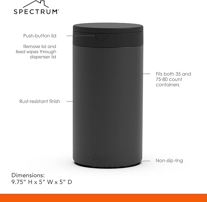 Spectrum Disinfecting Wipes Container Refillable Stainless Steel Wipe Holder for Bathroom Kitchen School Classroom, Reuseable Push Button Wet Wipe Dispenser for Disinfect Cleaning Countertop, Black