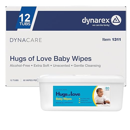 Dynarex DynaCare Hugs of Love Baby Wipes - Unscented - Large - Alcohol-Free Wipes with Aloe & Lanolin, Safe for Sensitive Skin - 80 Wipes per Tub, 12 Tubs per Case