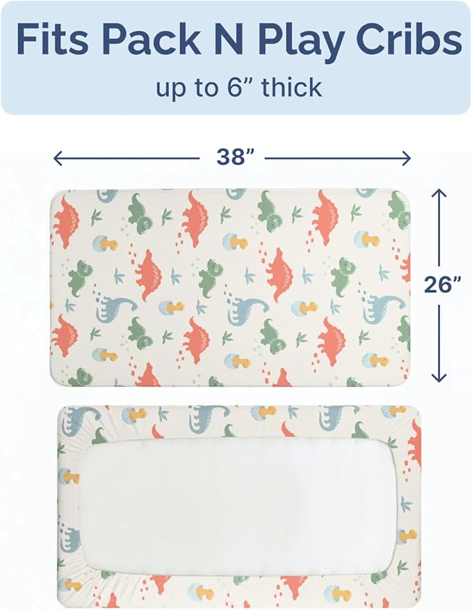 Pack and Play Sheets Fitted - 2 Pack Mini Crib Sheets for Pack N Play Mattress - Unisex Playard Microfiber Bedding for Boys & Girls - Soft, Breathable & Wrinkle Free - Oeko-Tex, 38 x 26in - Dino Land