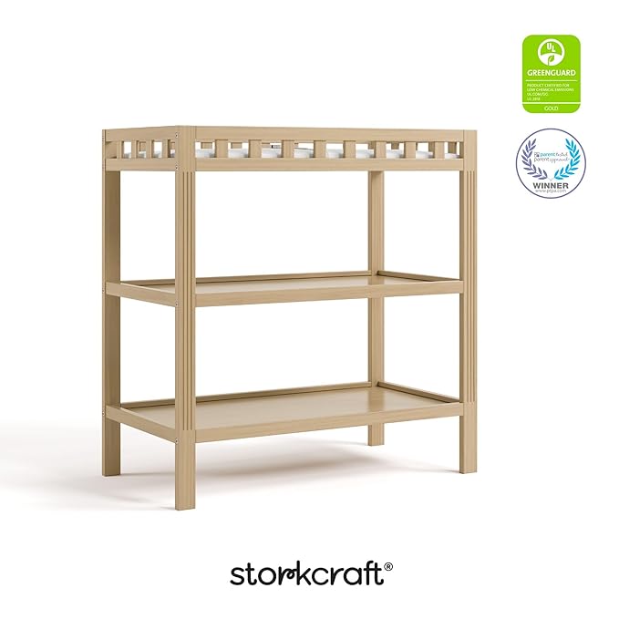 Storkcraft Morningside Changing Table (Driftwood) – GREENGUARD Gold Certified Baby Changing Table, Includes Waterproof Diaper Changing Pad, Easy 30-Minute Assembly, 2 Open Shelves for Storage