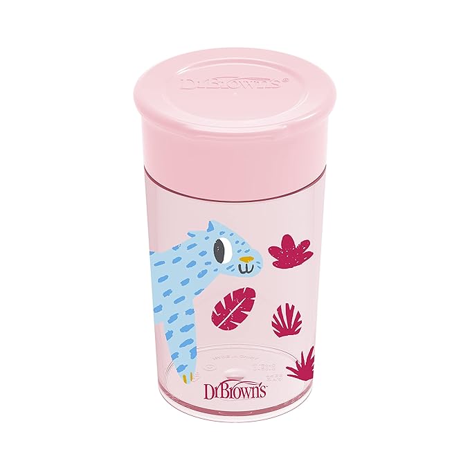 Dr. Brown's Milestones Wide-Neck Sippy Spout Bottle with 100% Silicone Handles & Milestones Cheers 360 Cup Spoutless Transition Cup, Travel Friendly & Leak-Free Sippy Cup, Pink Leopard, 10 oz/300 mL