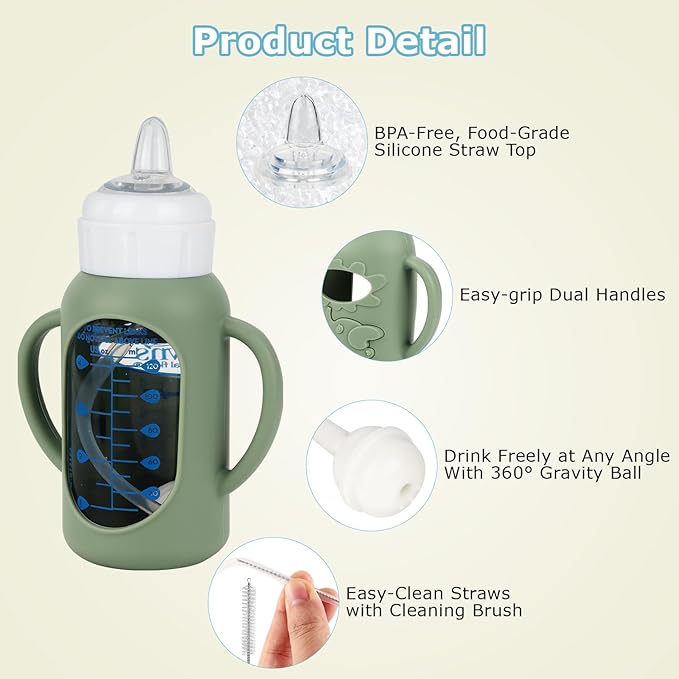 Sippy Straw Cup Conversion Kit with Silicone Sleeves for Dr. Brown's Narrow Glass Baby Bottle 4oz,Anti Breakage Baby Bottles Replacement Kit with Handle and Soft Sippy Spout,6m+,Set of 3