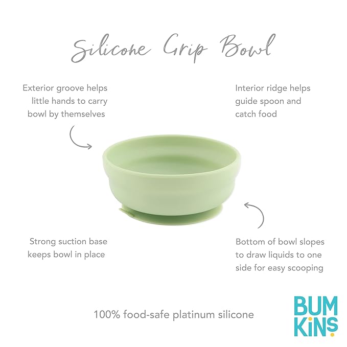 Bumkins Baby Bowl, Silicone Suction, for Babies, Toddlers and Kids, Baby Led Weaning, Feeding Essentials, Platinum Silicone, Non Skid Sticky Bottom, Supplies for Children Ages 6 Months Up, Sage