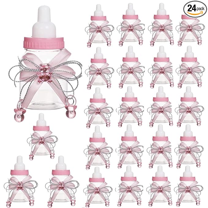 24-Piece Baby Feeding Bottle Set with Pink Candy Box for Shower Decoration