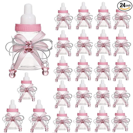 24-Piece Baby Feeding Bottle Set with Pink Candy Box for Shower Decoration