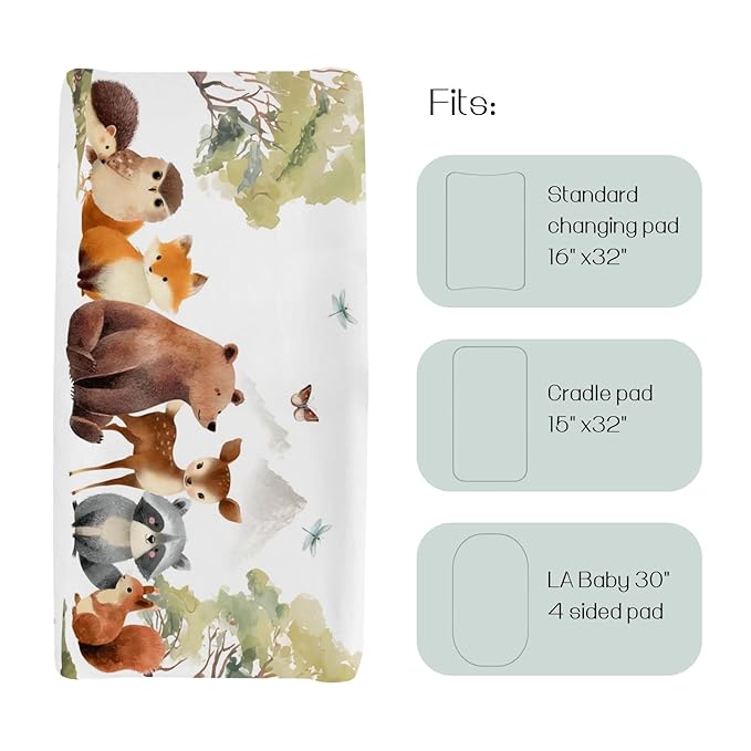 HawSkgFub Animal Friends Changing Pad Cover for Baby Girl Boy, Natural Forest Deer Bear Fox Owl Diaper Change Table Covers, Soft Stretchy Safe Snug Fitted Changing Mat Sheet Fit 32"/34" x 16"