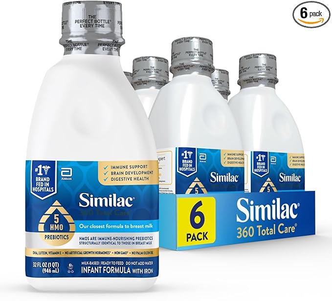 Similac 360 Total Care Infant Formula, Has 5 HMO Prebiotics, Our Closest Prebiotic Blend to Breast Milk, Non-GMO,‡ Baby Formula, Ready to Feed, 32-fl-oz Bottle, Pack of 6