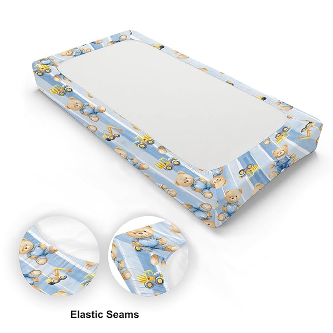 Cute Cartoon Bear Heats Construction Trucks Car Stripes Baby Changing Pad Cover, Unisex Bear Nursery Diaper Changing Table Pad Mat Sheet for Boys Girls-16x32