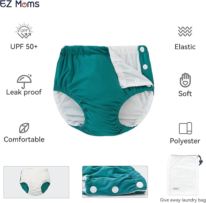 EZ Moms 2 Packs Reusable Swim Diapers Toddler Baby Swim Diaper Size 3 Washable Snap Pool Swimming Diaper 3T Soft and Silky Waterproof Diapers for Swimming Lessons Boys and Girls with a Laundry Bag