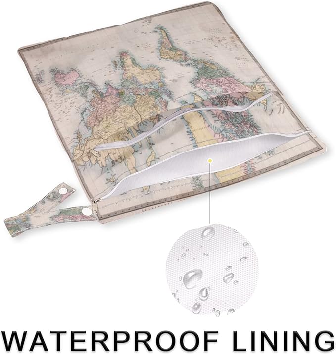 Vintage World Map Wet Dry Bag for Cloth Diaper Swimsuit, Educational World Map Waterproof Wet Bag Organizer Pouch with Zippered Pockets and Snap Handle Washable for Travel Daycare Gym, 2 Pack