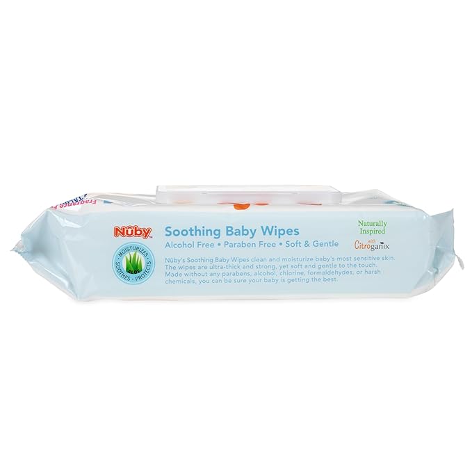 Nuby Soothing Baby Wipes Naturally Inspired with Chamomile Aloe and Citroganix (Fragrance Free/Extra Thick), Unscented, 64 Count (Pack of 2)