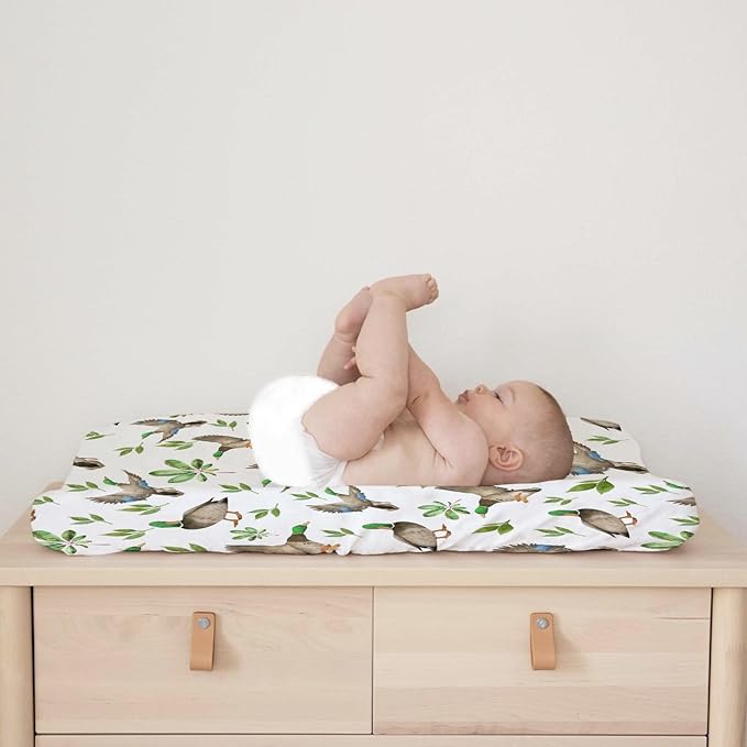 Hunting Wild Duck Leaves Baby Changing Pad Cover for Baby Boy Girl 32''x16'' Mallard Duck Unisex Fitted Diaper Change Table Sheets Comfort Soft Breathable Nursery Changing Table Sheets Mats