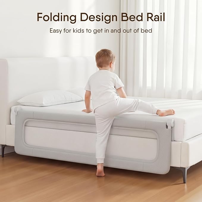 Folding Bed Rail for Toddlers, Baby Bed Rail Guard with Reinforced Anchor Safety System, Toddler Bed Rails for King Size Beds, Twin, Full, Queen (Grey, 71"x21.6")