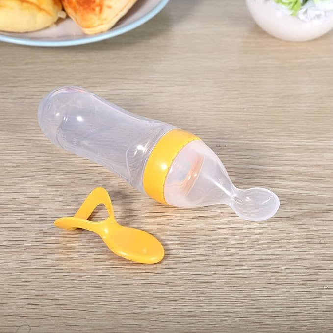 Silicone Spoon Bottle 90ml, 'S Food Supplement Bottle Rice Cereal Spoon for Semifluid Foods Bottle Feeder(yellow)