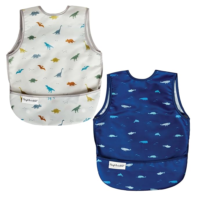 Tiny Twinkle Mess Proof Baby Bibs | 2 Pack Waterproof Toddler Bib for Eating | Baby Apron for Feeding, Machine Washable, Perfect Shower Gift (Dinosaur,Ocean Life, 6–24M)