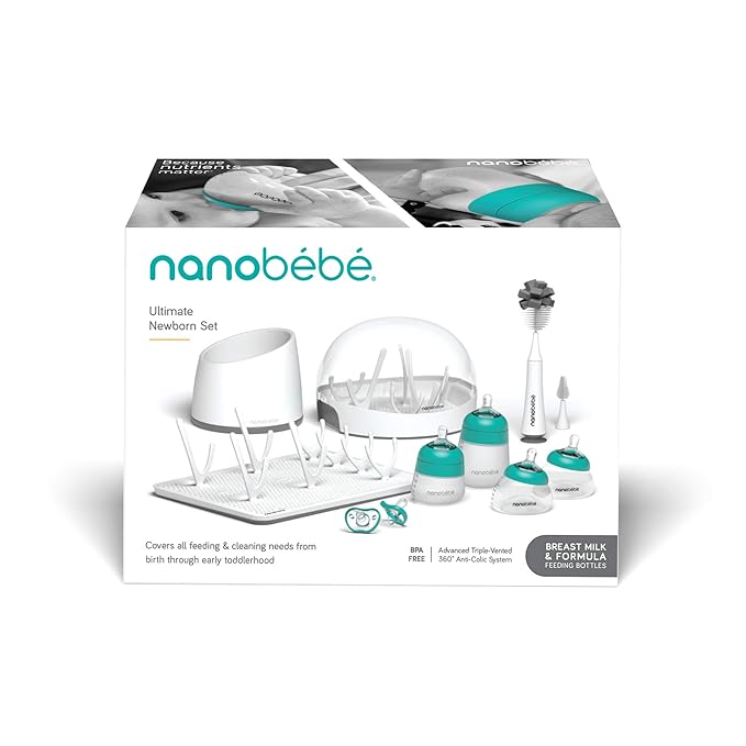 Nanobebe Breastmilk and Silicone Baby Bottle Ultimate Set Gen 2, 5oz and 9oz - with Sterilizer, Drying Rack, Anti-Colic Nipples, Pacifiers, and Warmer - Teal/Grey