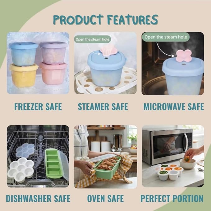 MONDE Baby Food Prep System- Silicone Freezer Tray, Toddler Soup Tray, Food Storage Cups w/Straw, Reusable Baby Food Squeeze Pouches- BPA Free, Food Grade Silicone, Eco-Friendly Food Storage Set