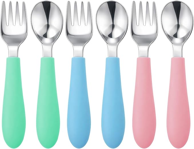 Pimoys 6 Pieces Toddler Utensils, Kids Forks and Spoons with Silicone Handle, Stainless Steel Toddler Silverware Set, Dishwasher Safe