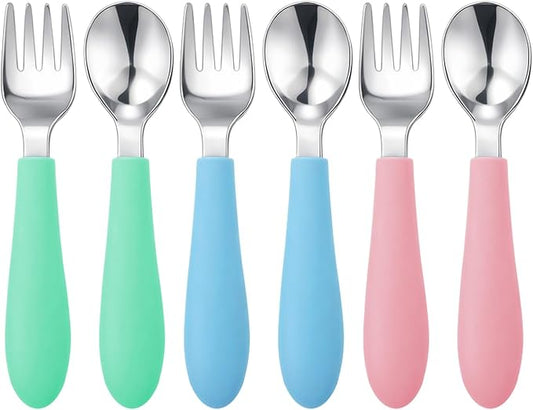 Pimoys 6 Pieces Toddler Utensils, Kids Forks and Spoons with Silicone Handle, Stainless Steel Toddler Silverware Set, Dishwasher Safe