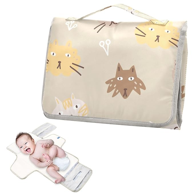 Portable Diaper Changing Pad Travel Baby Changing Mat Waterproof Diaper Changing Mat Foldable Lightweight Baby Changer with Built-in Pillow Cat Faces Brown
