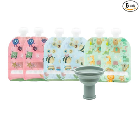 WeeSprout Double Zipper Reusable Food Pouches, Perfect for Babies & Toddlers, Freezer & Dishwasher Safe (Educational, 3.4 Fl Oz (Pack of 6) + Pouch Filler)