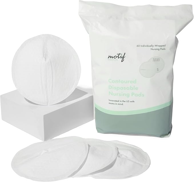 Motif Medical Disposable Nursing Pads for Women - Breathable Breast Milk Pads w/ Adhesive Strips - Individually Wrapped, Contoured Nursing Breast Pads - Nipple Covers for Breastfeeding (Pack of 60)
