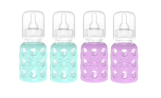 Lifefactory Glass Baby Bottle BPA Free | Protective Silicone Sleeve | 4 oz Pack of 4 (Mint,Lavender)