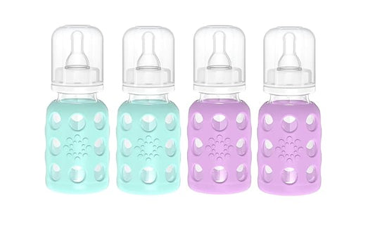 Lifefactory Glass Baby Bottle BPA Free | Protective Silicone Sleeve | 4 oz Pack of 4 (Mint,Lavender)