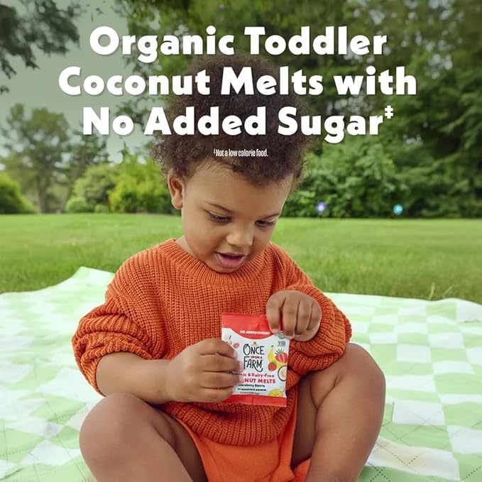 Once Upon A Farm Organic Coconut Melts Variety Pack with Probiotics, Strawberry Banana, Mango Ba-nilla, Dairy Free, Non GMO, Kosher, .25 oz (Pack of 30)