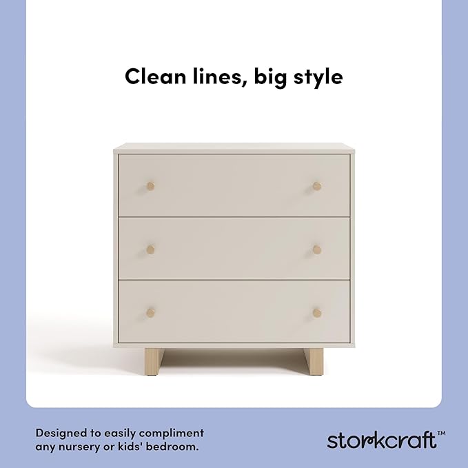 Storkcraft Texas 3 Drawer Chest with Removable Changing Table Topper (Frosted Oat/Driftwood) – GREENGUARD Gold Certified Baby Dresser, Interlocking Drawer System for Nursery & Kids’ Bedroom Dresser