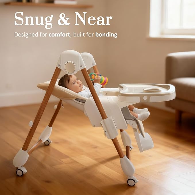 Mallify Foldable High Chairs for Babies and Toddlers, 3-in-1 Convertible Baby High Chair with Removable Soft Cushion and Tray, Adjustable Height & Recline, Lockable Wheels, Cream