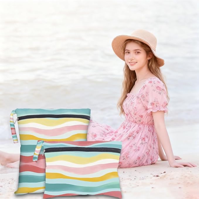 2Pcs 2 Sizes Wet Dry Bag Rainbow Beach Wet Bags Stripe Pattern Polyester Waterproof Sandproof Reusable Storage Zipper Pouch for Friends Makeup Swimsuit Travel Dirty Diaper Clothes Gifts