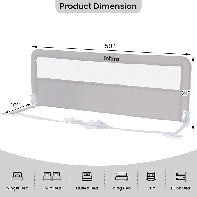 INFANS Bed Rail for Toddlers, 59" Foldable Safety Baby Crib Rail Fit for Kids Twin, Extra Long Swing Down Bed Guardrail for Convertible Crib, Queen, Full, King Mattress Side Guard (Light Gray)