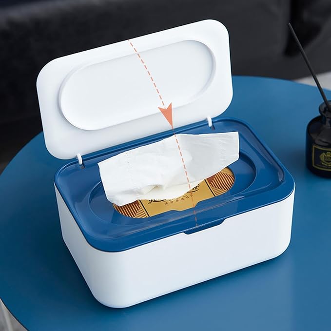 Wet Wipes Dispenser Box, Refillable Tissue Storage Case with Lid, Napkin Holder Container for Baby Wipes, Facial Tissues, Kitchen, Bathroom, Office, and Car Use, Keep Wipes Fresh and Clean (Blue)