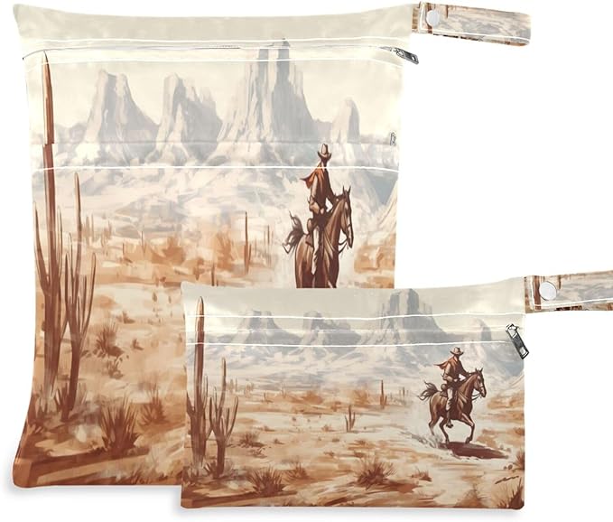 Vintage Western Cowboy Wet Dry Bag for Baby Cloth Diaper Waterproof Reusable Travel Wet Bag with Two Zippered Pockets for Swimsuits, 2 Pcs