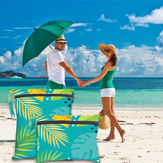 2Pcs 2 Sizes Tropical Dry Bag Wet Bag Swimsuit Green Plam Leaf Pattern Polyester Waterproof Sandproof Reusable Storage Zipper Pouches for Friends Swimsuit Travel Dirty Diaper Clothes Gifts