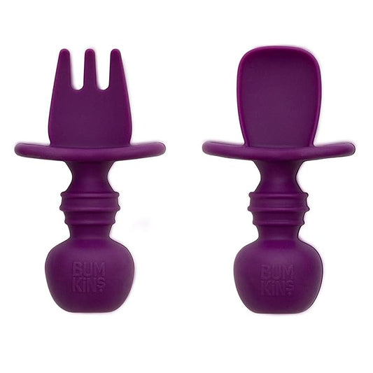 Bumkins Baby Utensils Set, Chewtensils Silicone Spoons for Dipping, Self-Feeding, Baby Led Weaning, Trainer Learning, First Stage Eating, Soft Practice Fork and Spoon, Babies 6 Months, Purple