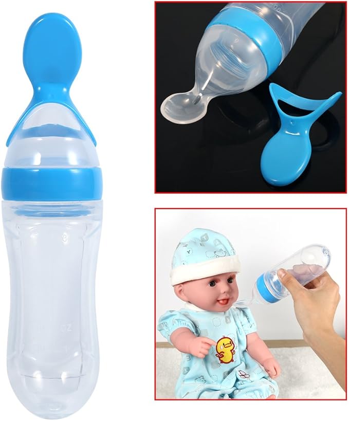 Silicone Spoon Bottle 90ml, 'S Food Supplement Bottle Rice Cereal Spoon for Semifluid Foods Bottle Feeder(blue)