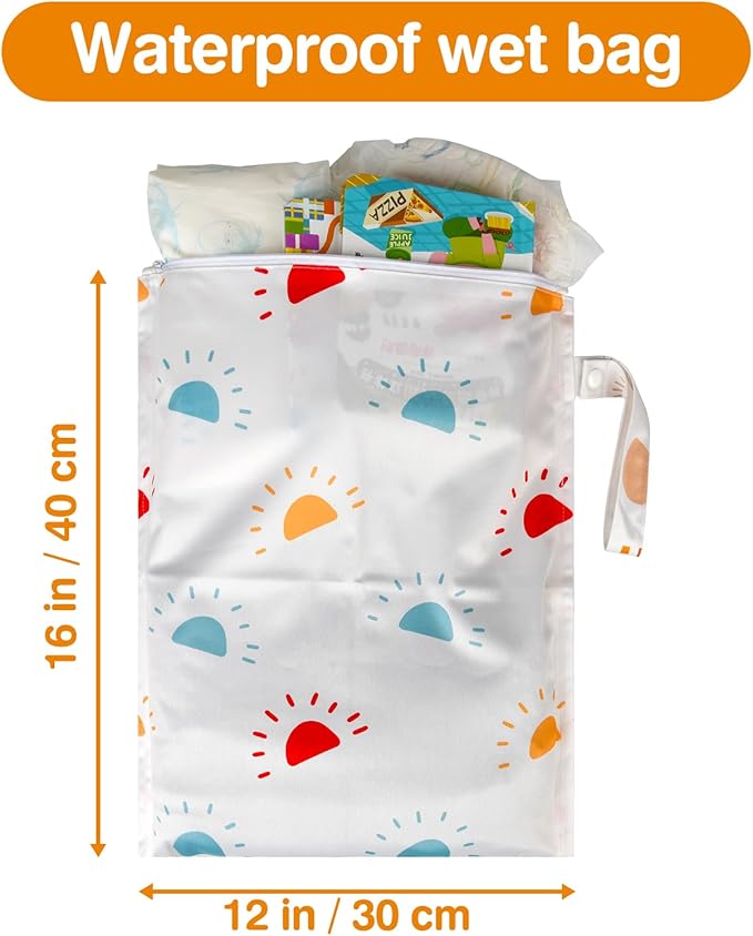 Waterproof Wet bags for Baby,Travel,Swim Suit,Cloth Diapers,Pump Parts,Pool,Beach,Gym Clothes,Toiletry,Hook to Stroller,Daycare,Zipper Reusable Wetdry Packing Pouch-Sun,Rainbow
