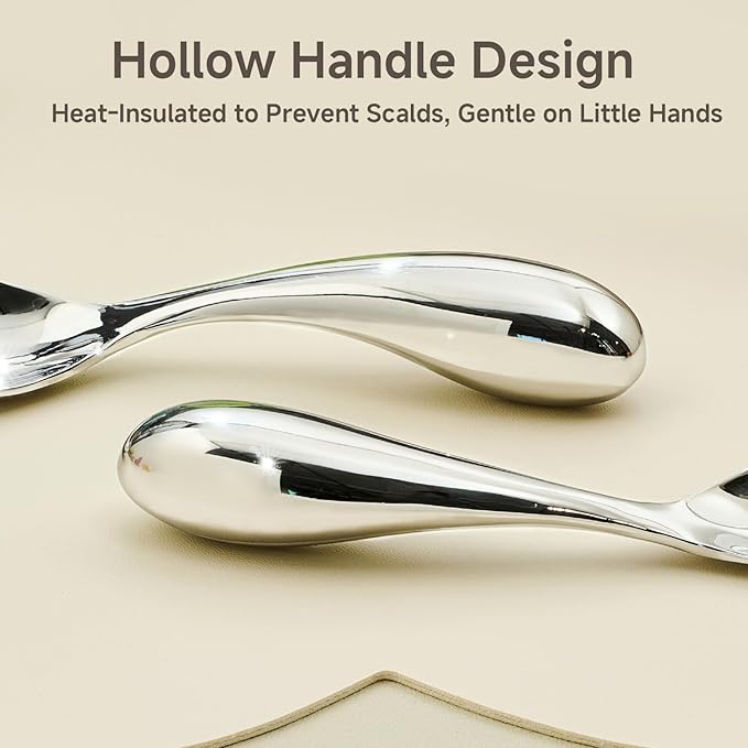 KINGSTONE Toddler Utensils Set, 18/10 Stainless Steel Kids Silverware Set with Curved Handle, All-Metal Baby Fork and Spoon, Safe Children's Flatware, Dishwasher Safe, Mirror Polished (2-Piece)