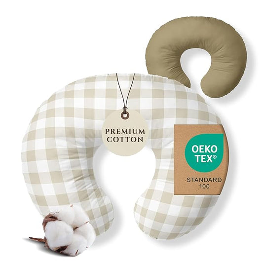 Pobibaby 1-Pack Premium Nursing Pillow Cover - Ultra Soft & Stretchy 96% Cotton, Breastfeeding Pillow Cover for Baby Boys and Girls (Gingham Khaki)