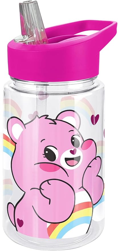 LOGOVISION Care Bears Kids Tritan Plastic Water Bottle with Straw Lid and Handle, Reusable Tumbler for Toddlers, Unisex for Girls and Boys, 12oz, Cheer Bear Belly Pattern