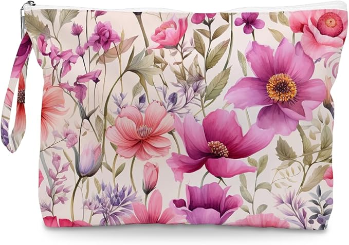 Fokongna Floral Print Wet Bag, Small Portable Waterproof Multi-Functional Organizer for Women, Pink Purple Floral Mix, Ideal for Daily, Beach & Travel