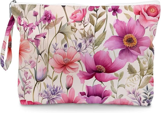 Fokongna Floral Print Wet Bag, Small Portable Waterproof Multi-Functional Organizer for Women, Pink Purple Floral Mix, Ideal for Daily, Beach & Travel