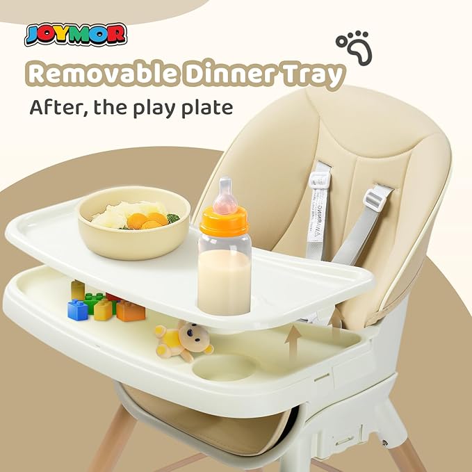 JOYMOR 5 in 1 Convertible Baby High Chair, Highchair for Babies and Toddlers, Easy Clean, Infant Highchair with Removable Double Tray & 5-Point Harness (Beige)